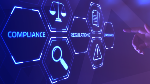 Interface digital com ícones iluminados que representam compliance, regulações e padrões, simbolizando a integração entre governança e segurança da informação.
