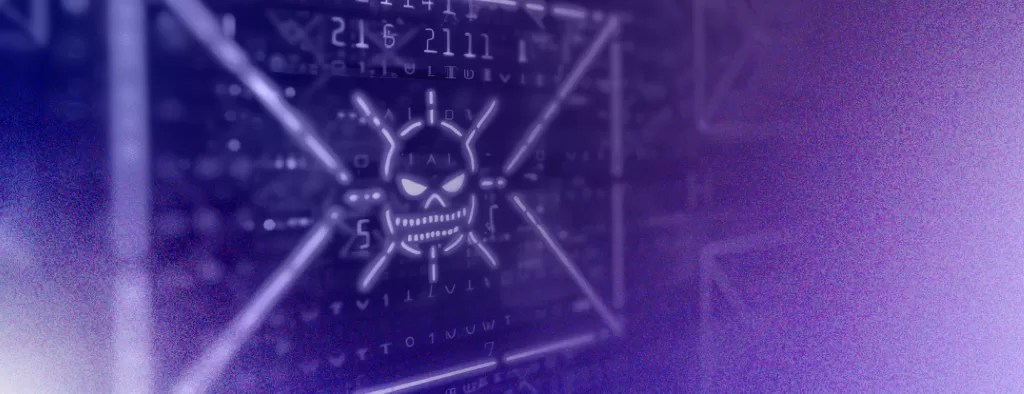 Representação digital de uma ameaça cibernética com ícone de caveira em ambiente tecnológico, simbolizando malware e ataques persistentes.